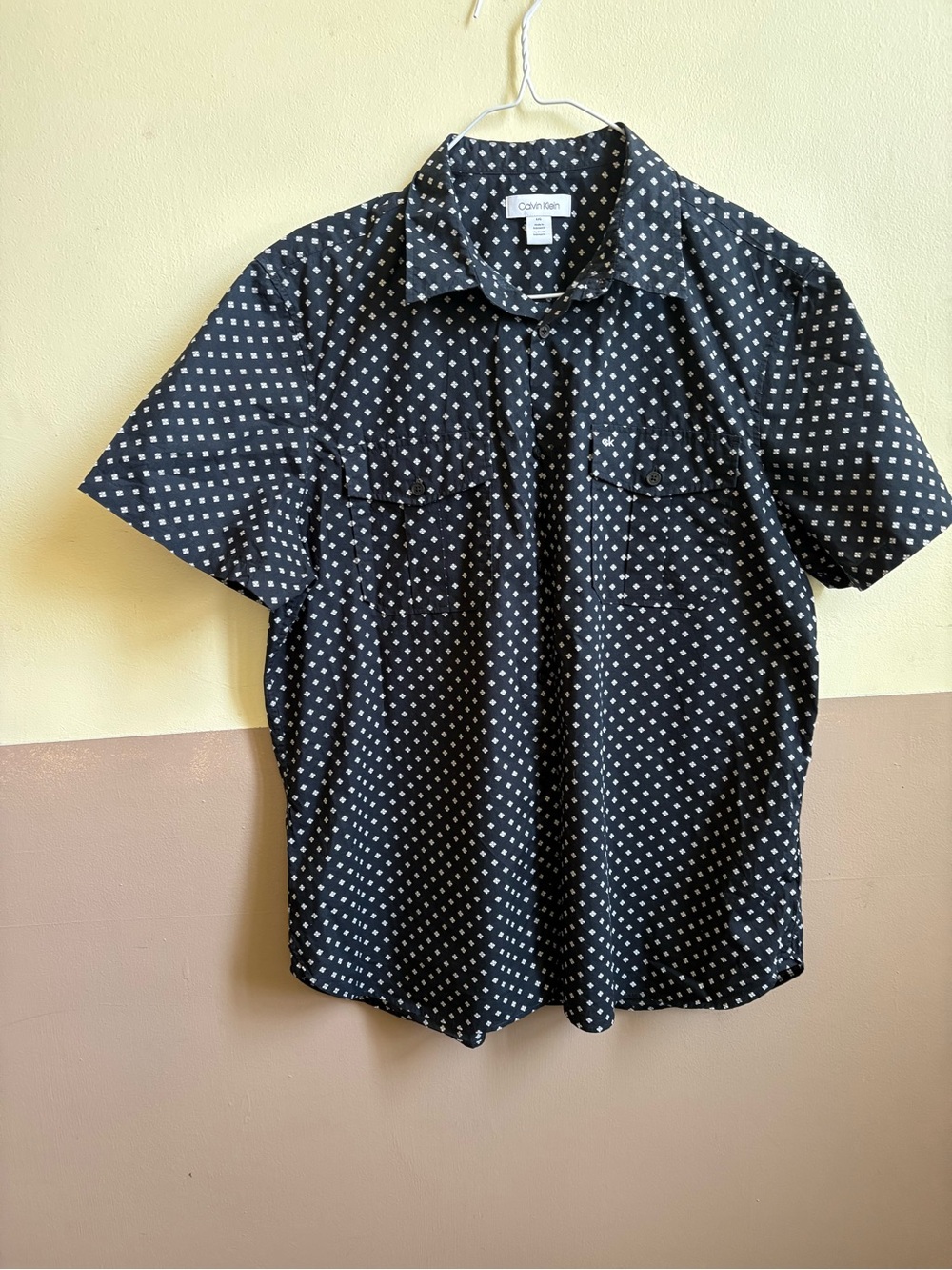 Calvin Klein Black Short-Sleeve Button-Down Shirt with White Dot Pattern